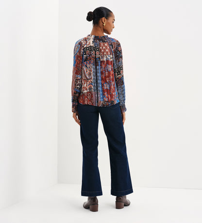 Harlow Burgundy Patchwork Paisley Satin Stripe Chiffon Tie Neck Blouse