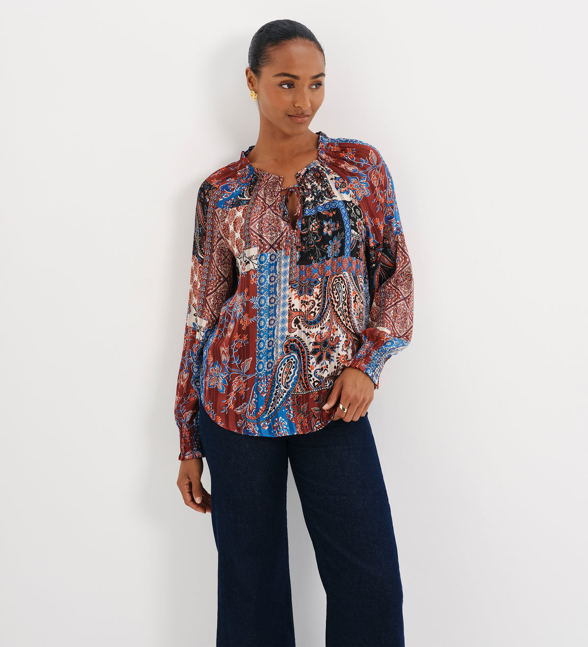 Harlow Burgundy Patchwork Paisley Satin Stripe Chiffon Tie Neck Blouse