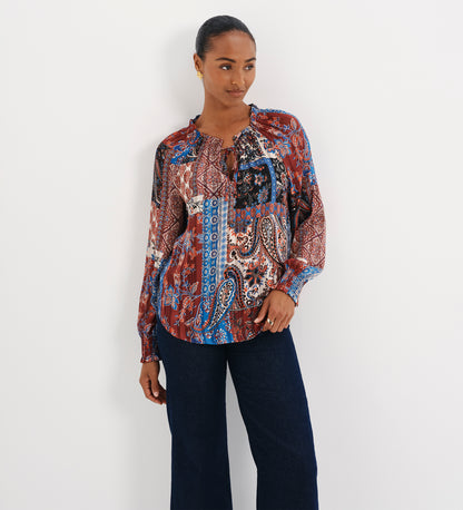 Harlow Burgundy Patchwork Paisley Satin Stripe Chiffon Tie Neck Blouse