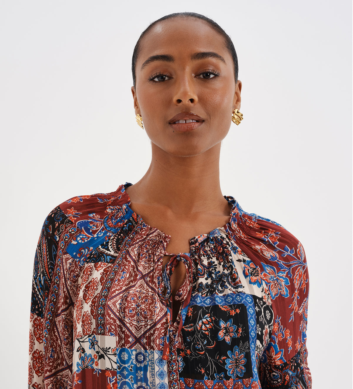 Harlow Burgundy Patchwork Paisley Satin Stripe Chiffon Tie Neck Blouse