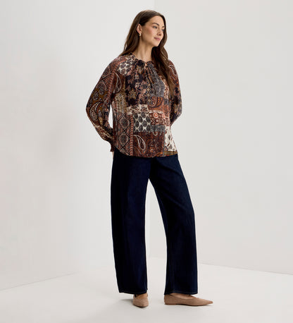 Harlow Brown Patchwork Paisley Satin Stripe Chiffon Tie Neck Blouse