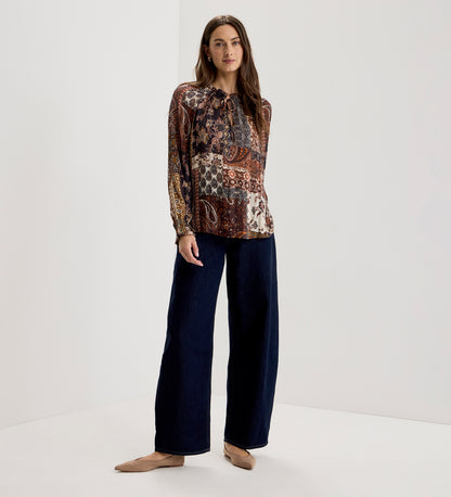 Harlow Brown Patchwork Paisley Satin Stripe Chiffon Tie Neck Blouse