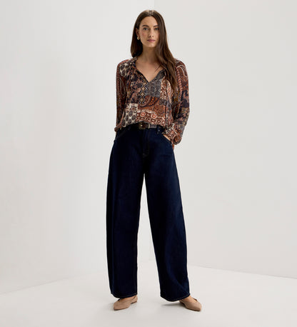 Harlow Brown Patchwork Paisley Satin Stripe Chiffon Tie Neck Blouse