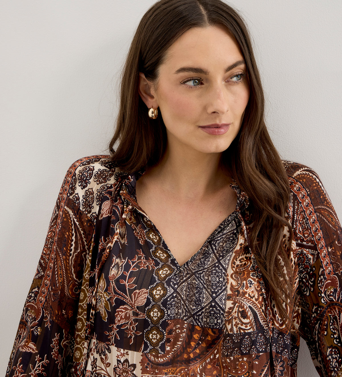 Harlow Brown Patchwork Paisley Satin Stripe Chiffon Tie Neck Blouse