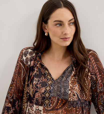 Harlow Brown Patchwork Paisley Satin Stripe Chiffon Tie Neck Blouse
