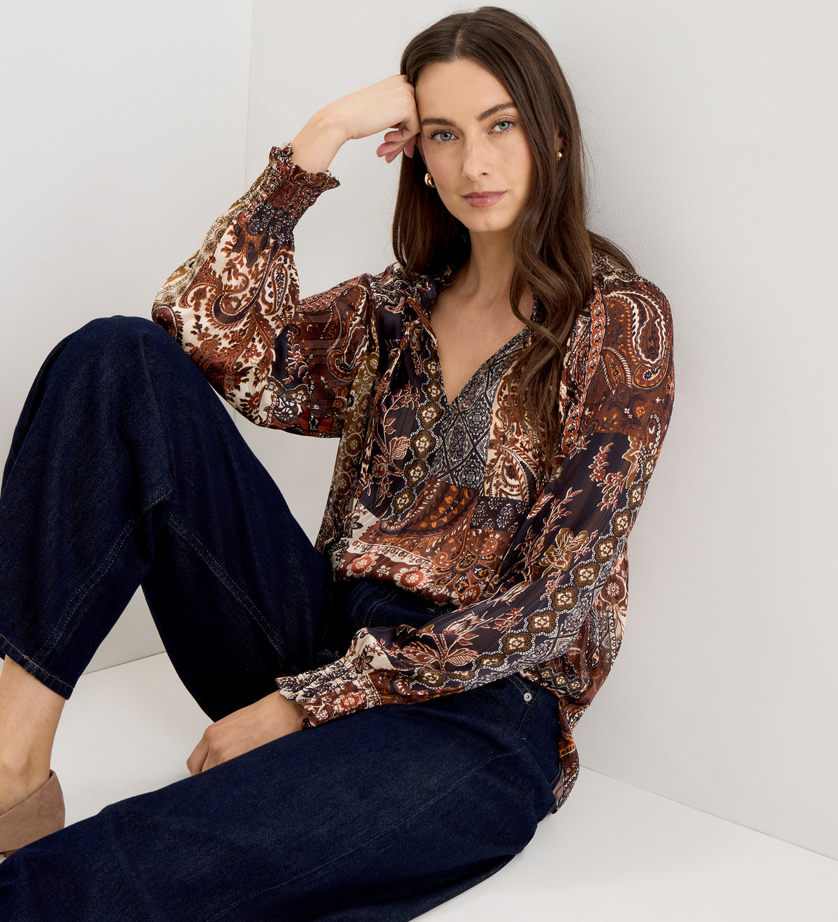 Harlow Brown Patchwork Paisley Satin Stripe Chiffon Tie Neck Blouse