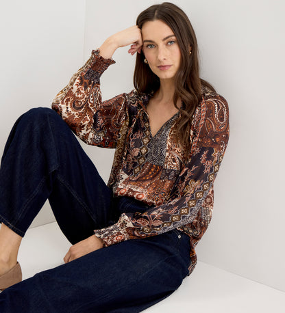Harlow Brown Patchwork Paisley Satin Stripe Chiffon Tie Neck Blouse