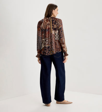 Harlow Brown Patchwork Paisley Satin Stripe Chiffon Tie Neck Blouse