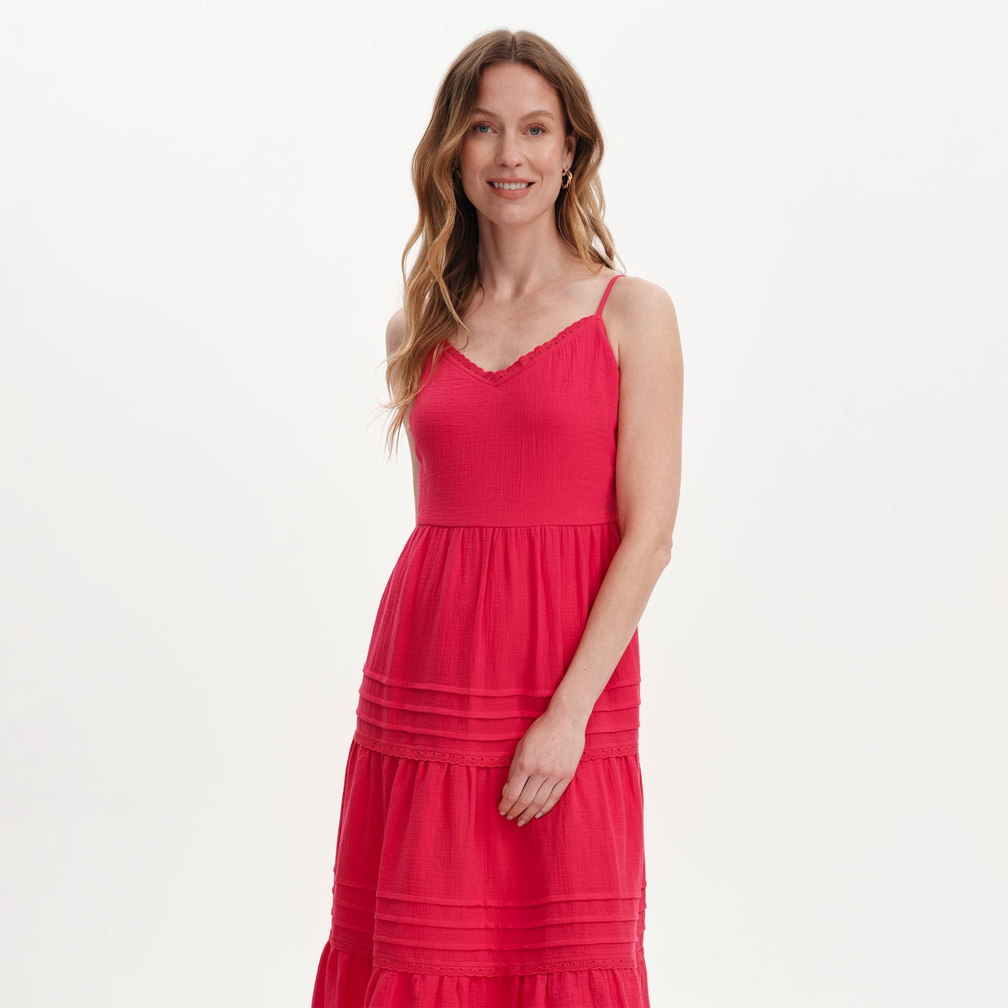 Hazel Pink Cotton Lace Trim Tiered Midi Dress