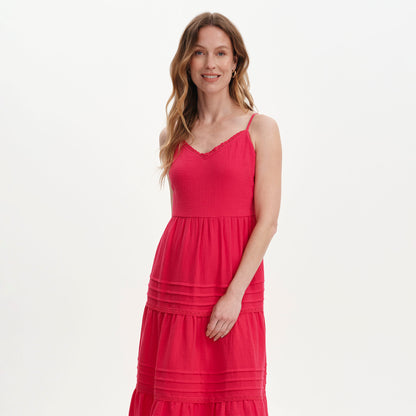 Hazel Pink Cotton Lace Trim Tiered Midi Dress