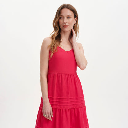 Hazel Pink Cotton Lace Trim Tiered Midi Dress