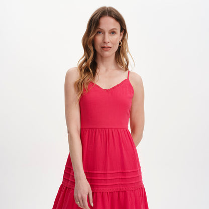 Hazel Pink Cotton Lace Trim Tiered Midi Dress