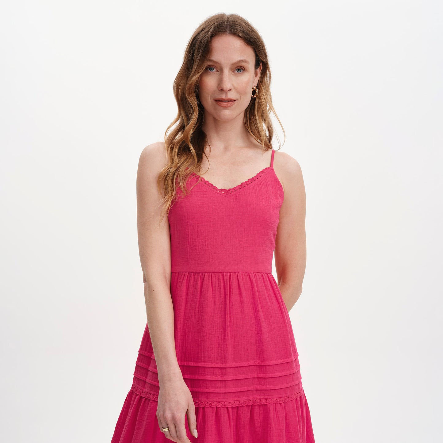 Hazel Pink Cotton Lace Trim Tiered Midi Dress