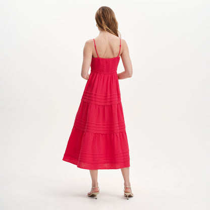 Hazel Pink Cotton Lace Trim Tiered Midi Dress