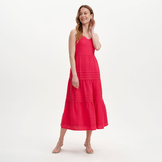 Hazel Pink Cotton Lace Trim Tiered Midi Dress