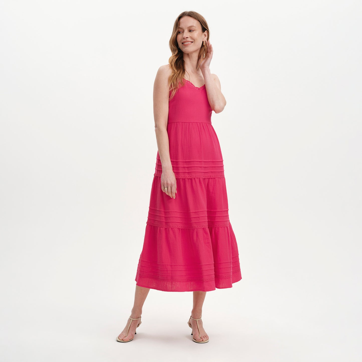 Hazel Pink Cotton Lace Trim Tiered Midi Dress