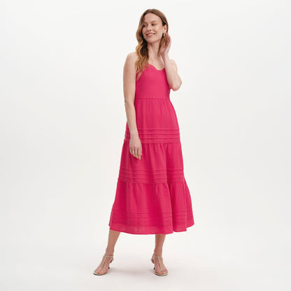Hazel Pink Cotton Lace Trim Tiered Midi Dress