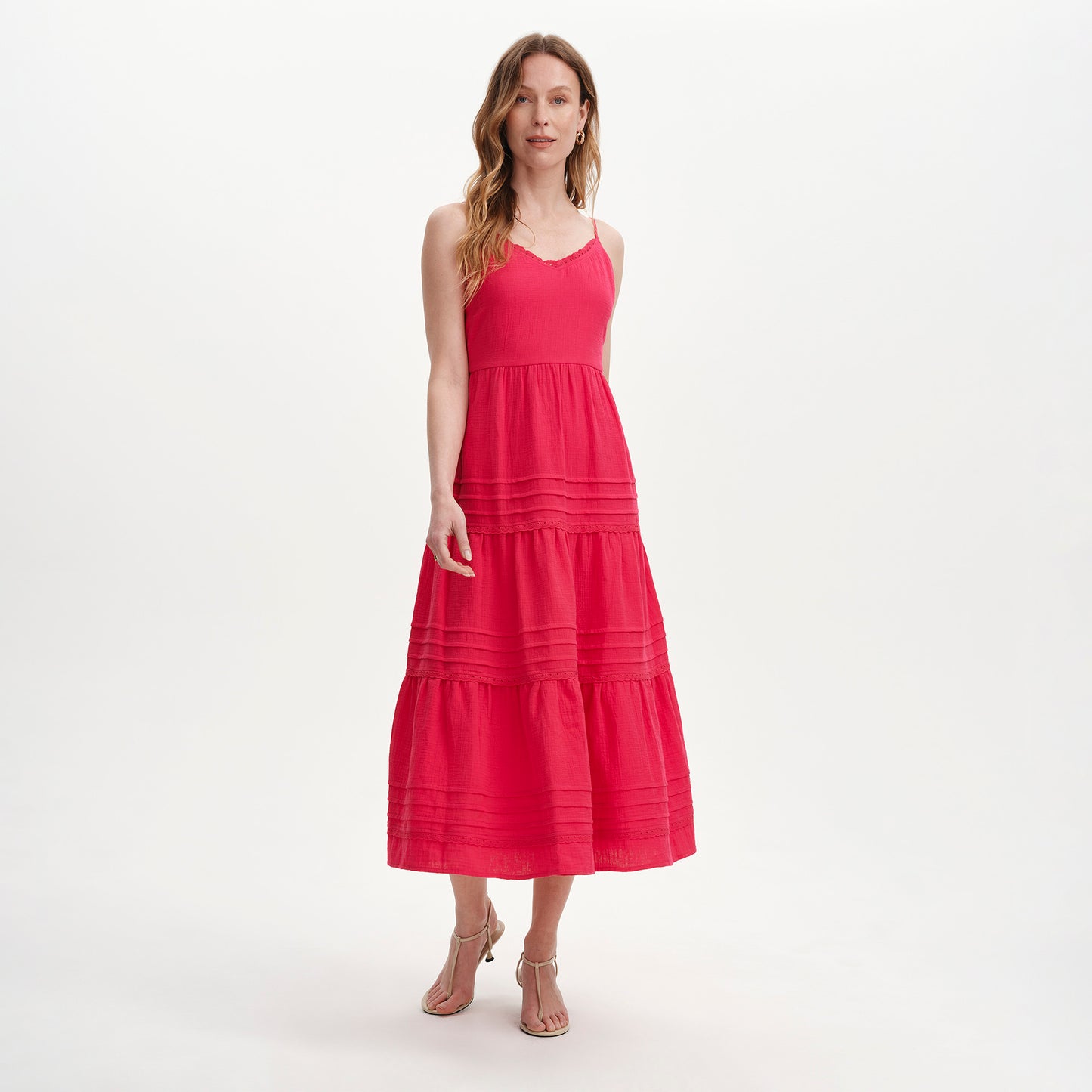 Hazel Pink Cotton Lace Trim Tiered Midi Dress