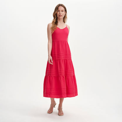 Hazel Pink Cotton Lace Trim Tiered Midi Dress