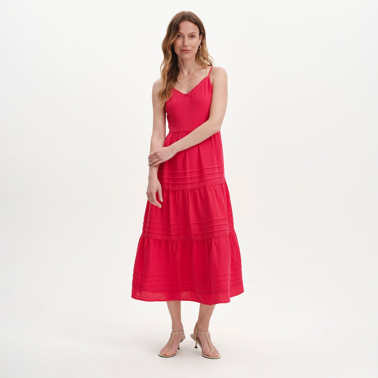 Hazel Pink Cotton Lace Trim Tiered Midi Dress