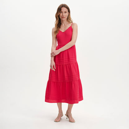 Hazel Pink Cotton Lace Trim Tiered Midi Dress
