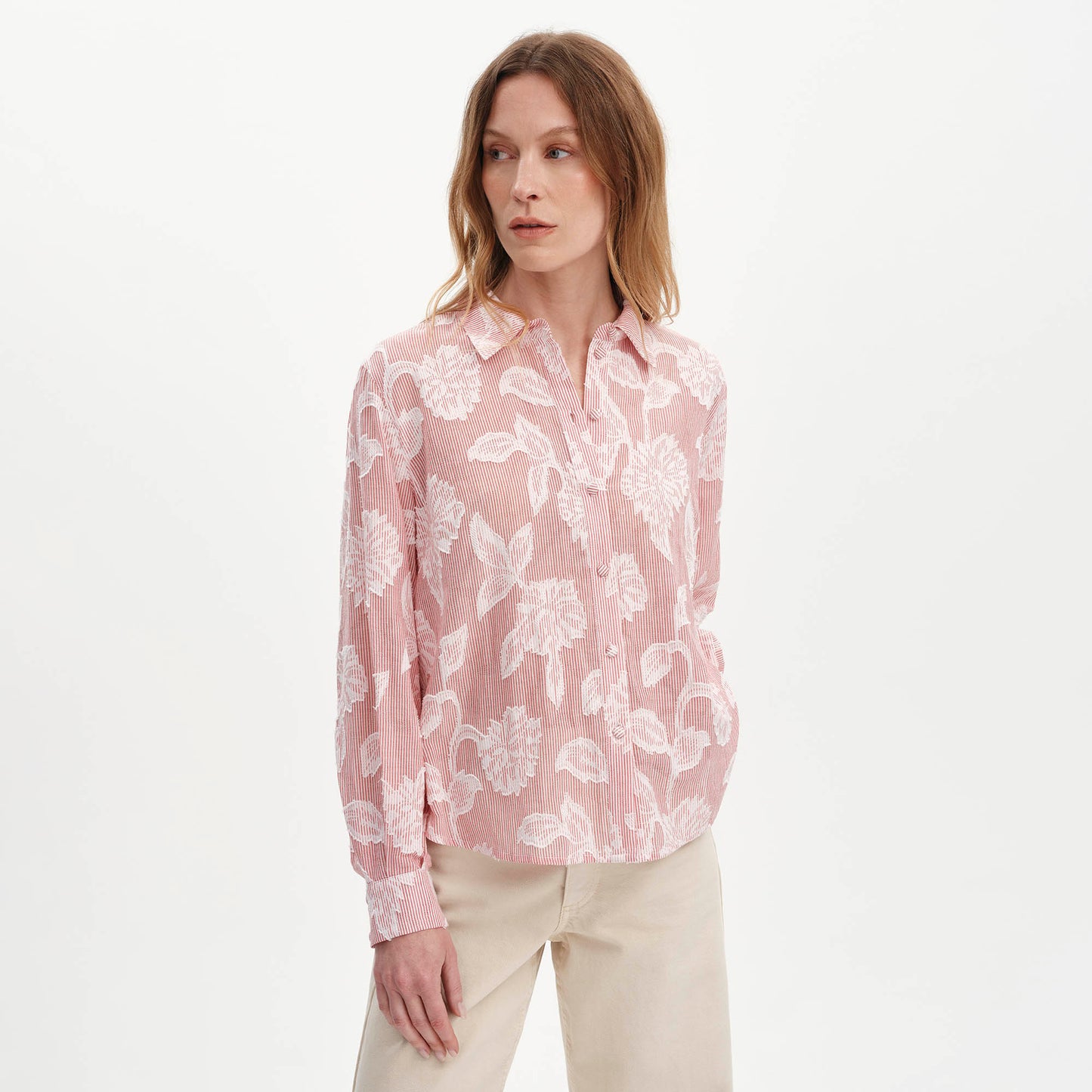 Heidi Red Floral Jacquard Stripe Long Sleeve Shirt