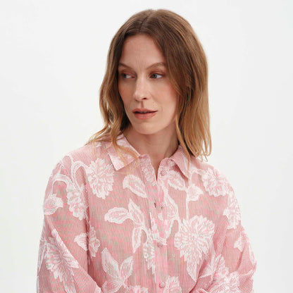 Heidi Red Floral Jacquard Stripe Long Sleeve Shirt