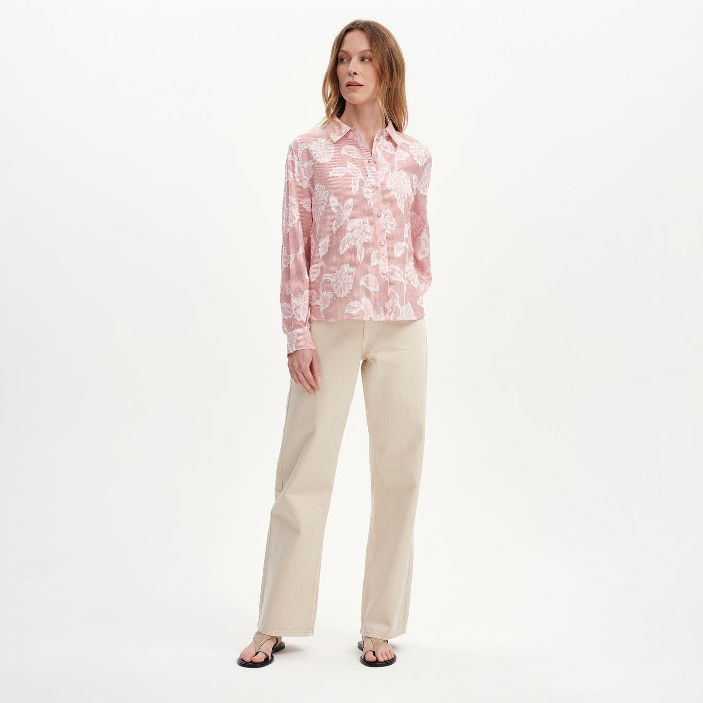 Heidi Red Floral Jacquard Stripe Long Sleeve Shirt