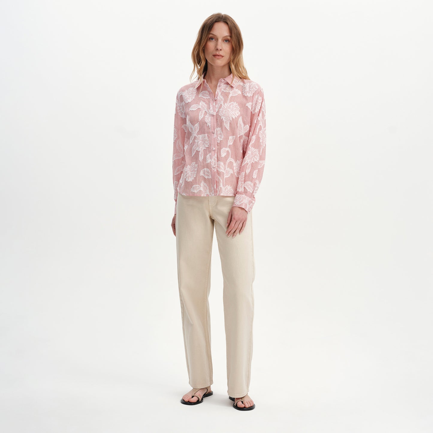 Heidi Red Floral Jacquard Stripe Long Sleeve Shirt