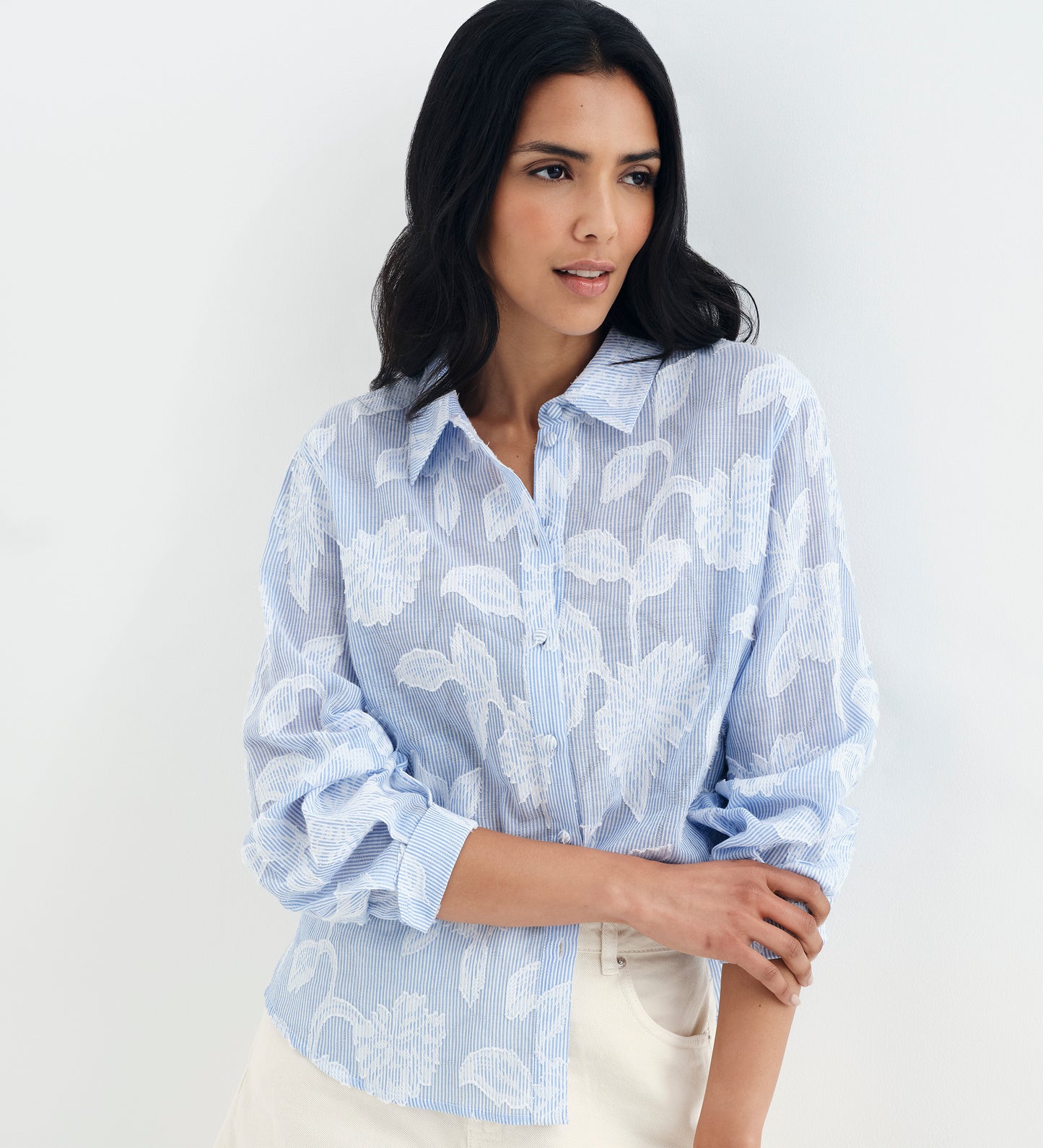 Heidi Blue Floral Jacquard Stripe Long Sleeve Shirt