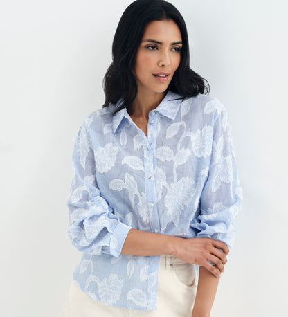 Heidi Blue Floral Jacquard Stripe Long Sleeve Shirt