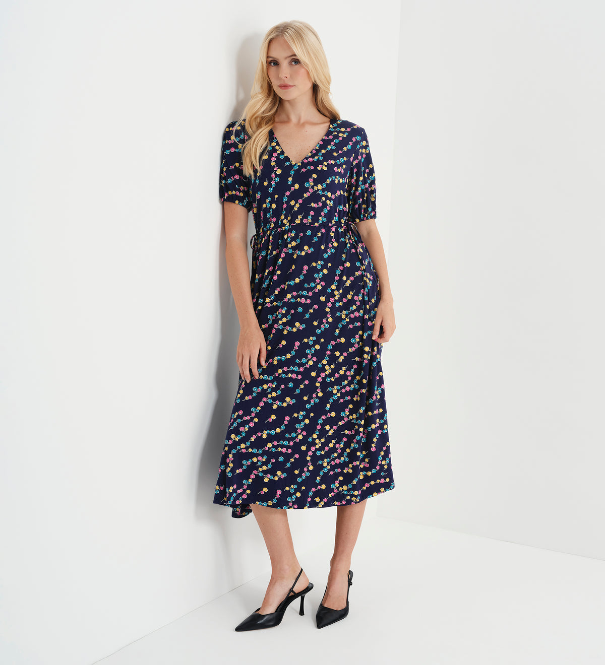 Hessa Navy Rose Bud Jersey Midi Dress