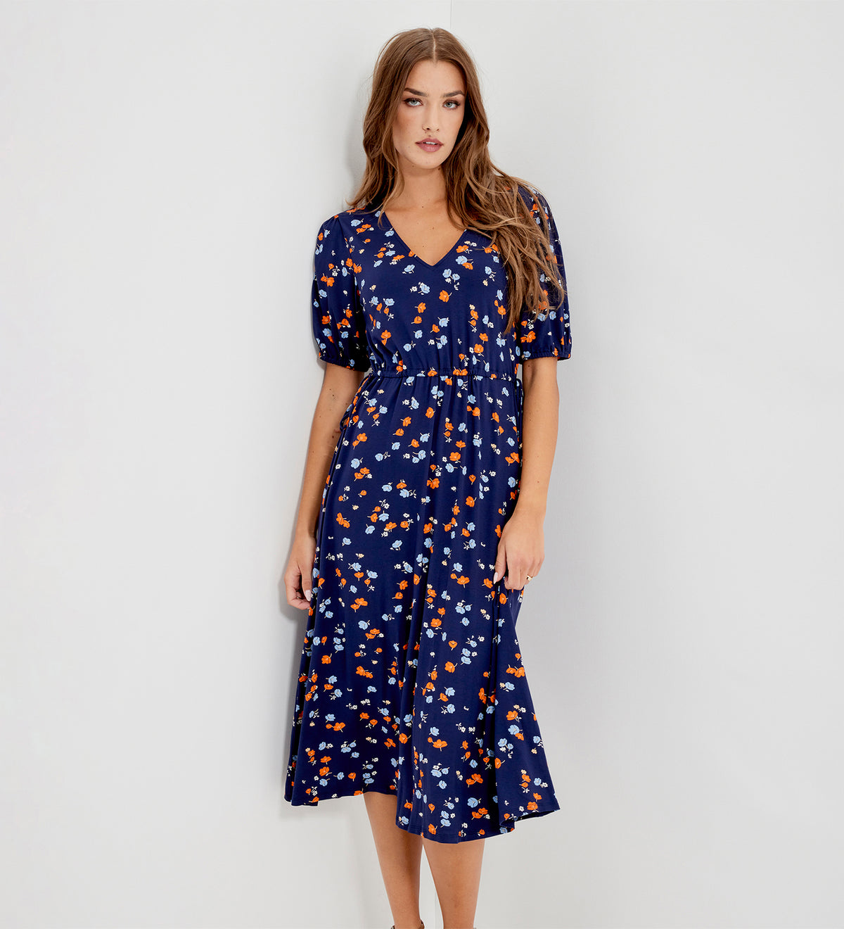 Hessa Navy Ditsy Jersey Midi Dress