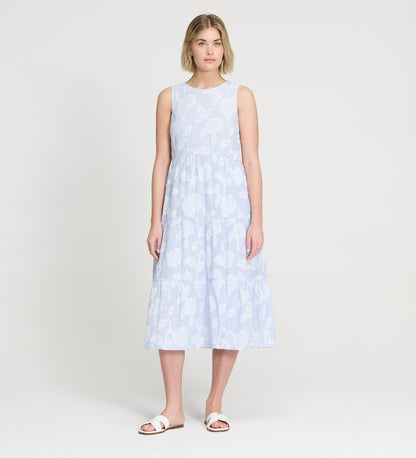 Hollie Blue Floral Jacquard Stripe Cotton Sleeveless Midi Dress