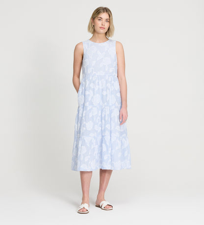 Hollie Blue Floral Jacquard Stripe Cotton Sleeveless Midi Dress