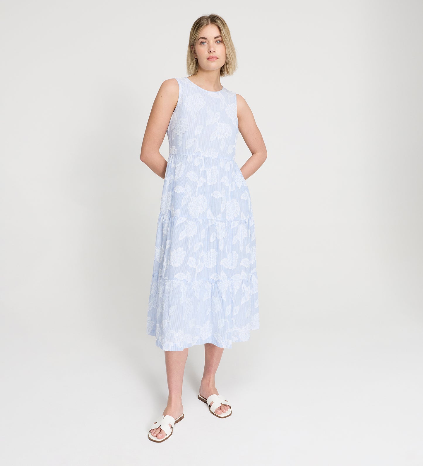 Hollie Blue Floral Jacquard Stripe Cotton Sleeveless Midi Dress