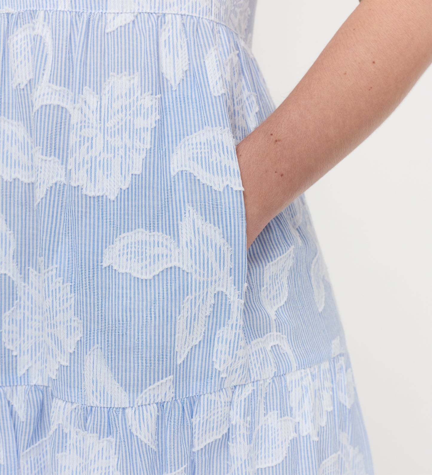 Hollie Blue Floral Jacquard Stripe Cotton Sleeveless Midi Dress