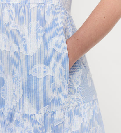 Hollie Blue Floral Jacquard Stripe Cotton Sleeveless Midi Dress