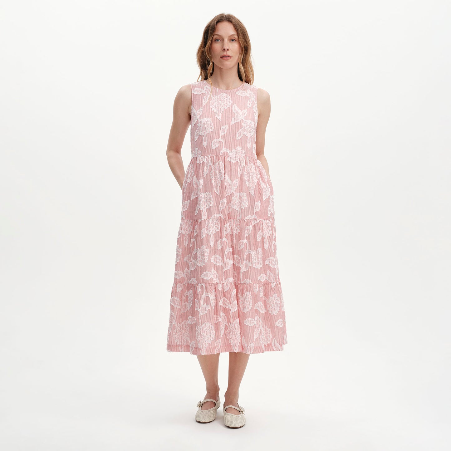 Hollie Red Floral Jacquard Stripe Cotton Sleeveless Midi Dress
