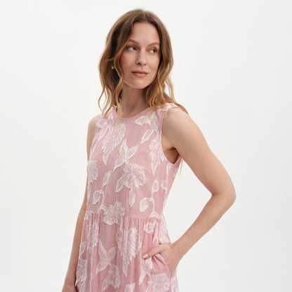 Hollie Red Floral Jacquard Stripe Cotton Sleeveless Midi Dress