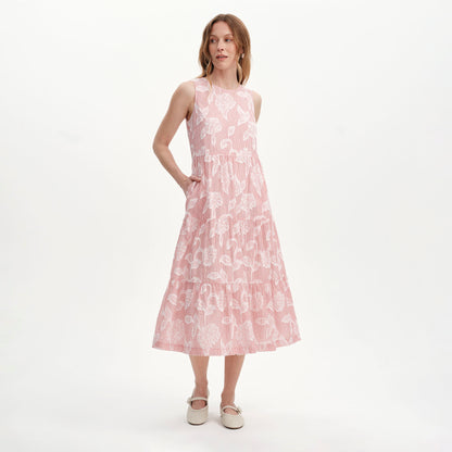 Hollie Red Floral Jacquard Stripe Cotton Sleeveless Midi Dress