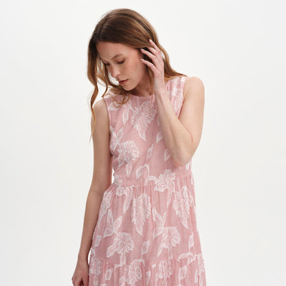 Hollie Red Floral Jacquard Stripe Cotton Sleeveless Midi Dress