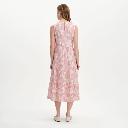 Hollie Red Floral Jacquard Stripe Cotton Sleeveless Midi Dress
