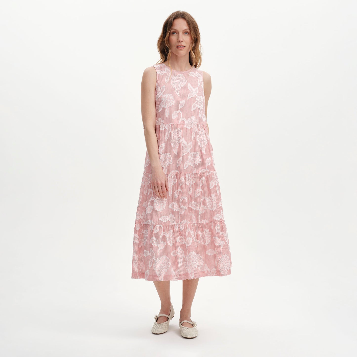 Hollie Red Floral Jacquard Stripe Cotton Sleeveless Midi Dress