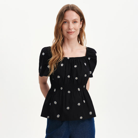 Holly Black Floral Embroidered Puff Sleeve Top
