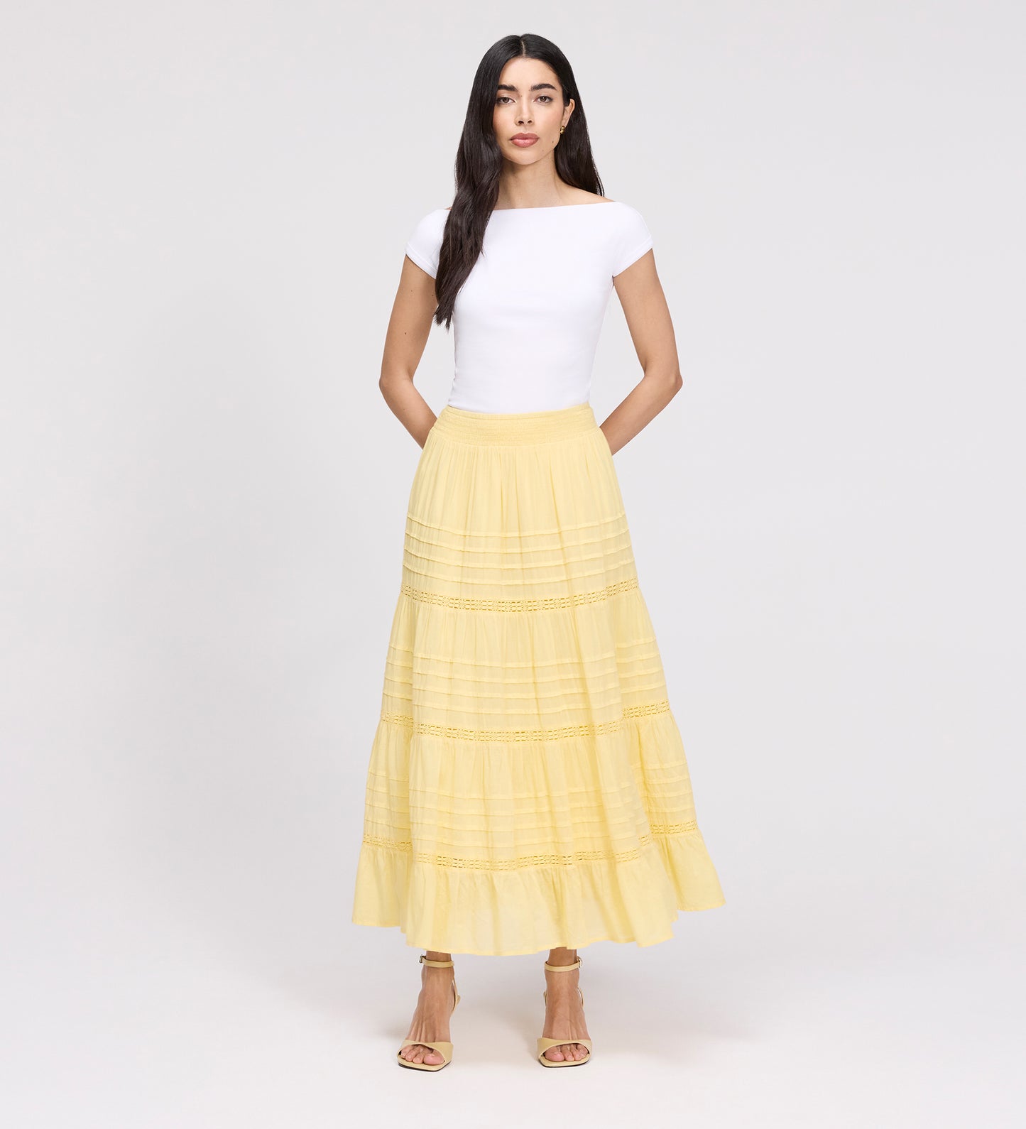 Imani Yellow Cotton Lace Tiered Midi Skirt