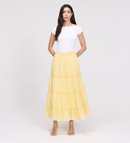 Imani Yellow Cotton Lace Tiered Midi Skirt