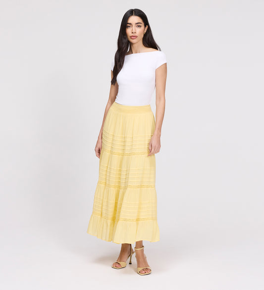 Imani Yellow Cotton Lace Tiered Midi Skirt