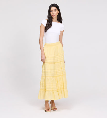 Imani Yellow Cotton Lace Tiered Midi Skirt