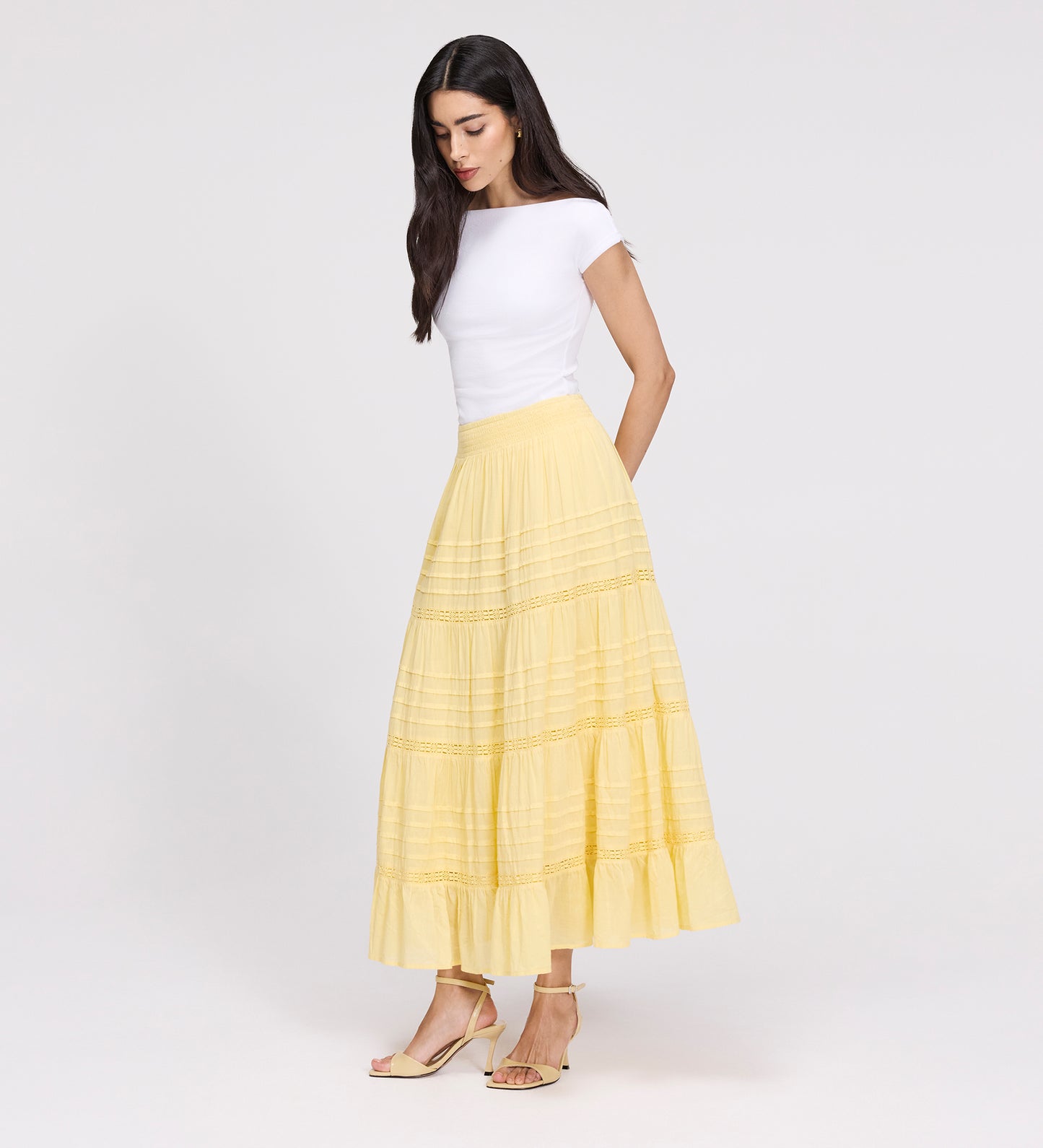 Imani Yellow Cotton Lace Tiered Midi Skirt
